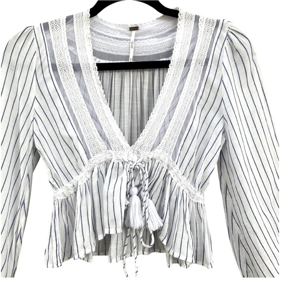 Free People | Oberoi Hippie Plunging V Neck Lace Tassel Boho Sheer Peplum Top- M - Picture 5 of 9